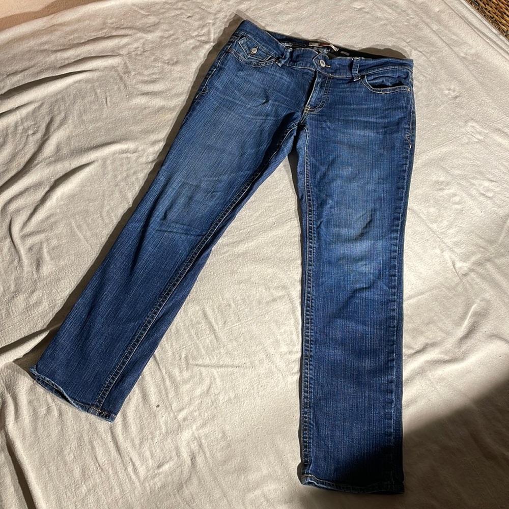 Old Navy blue jeans , back flap pockets,size 12, ultra low waist skinny stretch